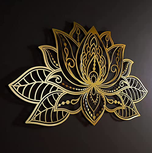 FOELANNE Metall Wanddekoration Wandkunst, Mandala-Wandkunst aus Metall, Lotusblumen-Wanddekoration, Schlafzimmer-Wanddekoration, Wohnzimmer-Wandbehang, Wohndekoration(Gold,68x44cm)