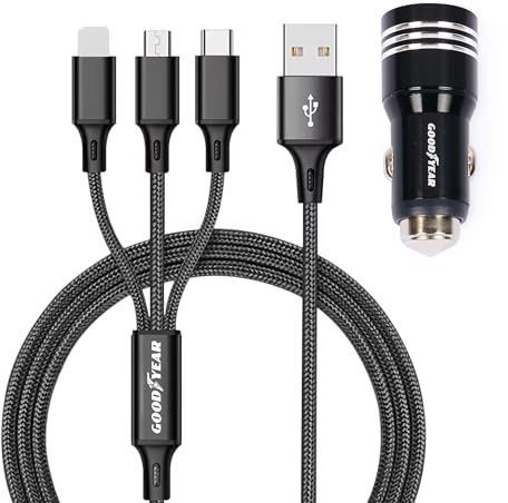 Goodyear Caricatore 3 in 1 Lightning/Micro/USB-C, Presa Accendisigari con Doppia USB, Cavo 120cm per Auto