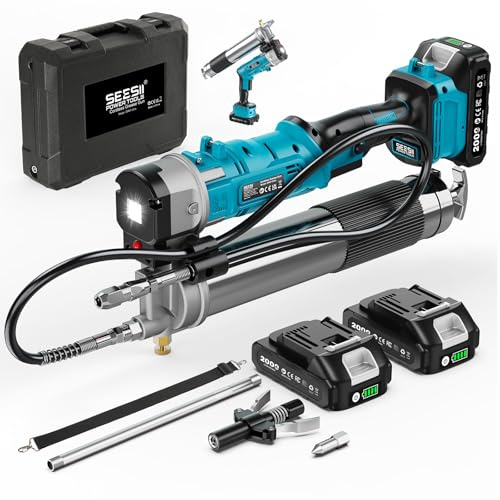 Seesii Pompe à Graisse Innovante 2 en 1: Pompe a Graisse Electrique à Haut Rendement de 5,3 oz/Min 12000 PSI avec 2 * Batteries 2,0Ah et Chargeur, Pistolet à Graisse Facile à Utiliser