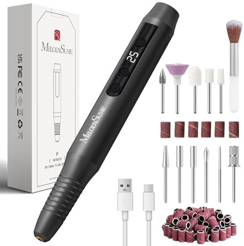 MelodySusie Ponceuse pour Ongles Professionnel Sans Fil 25000 tr/min, PC180G Lime a Ongle Electrique Rechargeable Vitesse Réglable avec LED écran, Portable Kit Manucure pour Salon/Maison (noir)