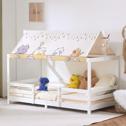 LEADZM Kinderbett Bodenbett Mit Stoffhimmel Hausbett Kinder inkl. | mit Rausfallschutz und Lattenrost Jugendbett Holzbett Montessori Bodenbett bis 200 kg (Weiß, 90x190cm)