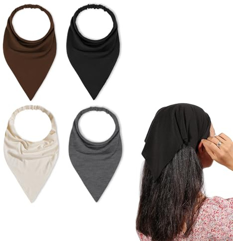 Kabwea 4 Pares de Bandas para el Cabello Boho de Mujer, Pañuelos Triangulares, Bandanas de Chifón, Turbantes Elásticos (Negro, Gris Oscuro, Crema, Marrón Oscuro)