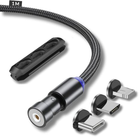 JMF Tech Magnetic Charging Cable 3 in 1 Magnet USB Cable 360 ° + 180 ° Rotating Charging Cable 2.4A 1M/2M Nylon Braided Magnetic Compatible with Micro USB,Type C/USB C, (1M-Black)