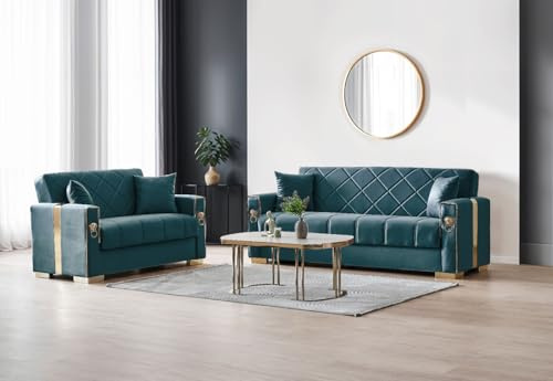 Stella Furniture Lion 3 and 2 Seater Sofa Set with Storage for Living Room - Convertible 2 and 3 Seater Sofa Bed, Couches with Cushions - Free Assembly & Delivery (3+2 Seater, Green/Gold)