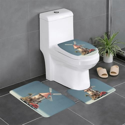 WHJSHOP Auto-Windmühlen-Modell-Bild Badezimmerteppich-Set: 3-teilige rutschfeste Bodenmatte (61 x 40,6 cm) für WC, Waschtisch und Toiletten, leicht zu reinigen