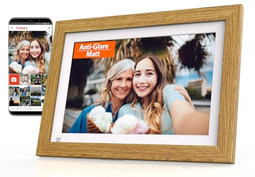 Cytem Digitaler Bilderrahmen 10.1 Zoll mit WLAN & Frameo, Anti-Glare Matt, 32GB Speicher, Bewegungssensor, für USB-Stick +SD-Karte, automatische Bilddehung, IPS-Touchscreen 1280x800, Holzoptik MDF