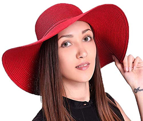 TININNA Damen Frauen Faltbar Böhmen Wide Rand Sonnenhut Strohhut Strandhut Sommerhut Sommer Hut Sonnenhuete Strand Kappe Sandstrand Sonnenhüte (Rot) EINWEG Verpackung