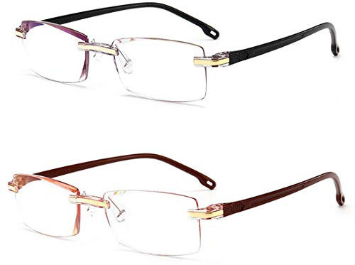 Inlefen 2 paquetes Sin marco Gafas de lectura Hombres y mujeres Rectangular Gafas Lector de computadora Bloqueo de luz azul +2.5