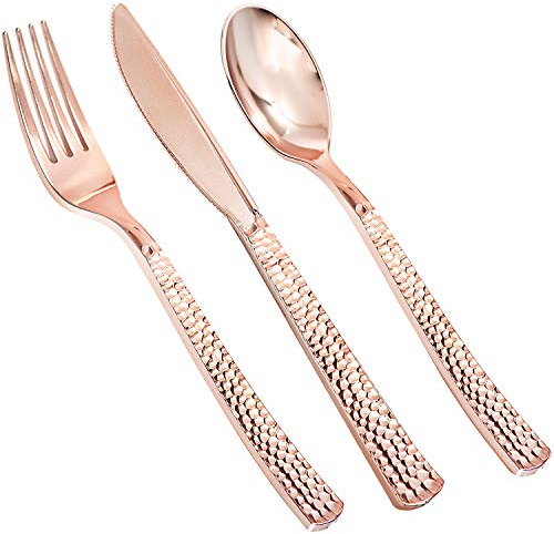 Supernal 360pcs Rose Gold Plastic Silverware,Rose Gold Utensils,Heavy Weight Plastic Cutlery,Disposable Silverware Sets Include 120 Forks,120 Spoons,120 Knives,Suitable for Wedding,Monther's Day,Party