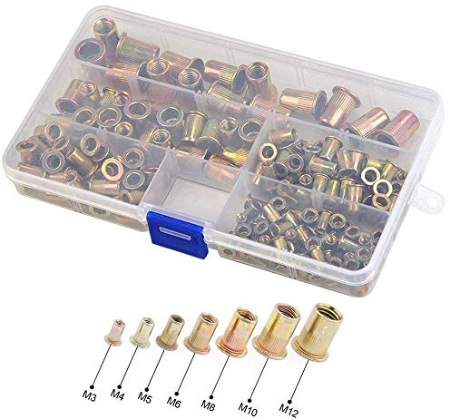 Rivet Écrou,Inserts Filetés Écrou Insert fileté à tête plate en acier au carbone plaqué Nutsert Kit d'assortiment de bouchons 165PCS M3 M4 M5 M6 M8 M10 M12