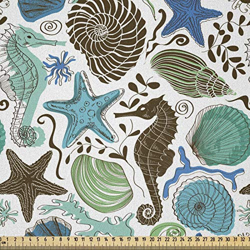 ABAKUHAUS Sea Shells Stoff als Meterware, Abstrakte Maritime, Microfaser Multi Zweck Dekostoff für Kunsthandwerke, 3M (230x300cm), Seafoam Braun Blau