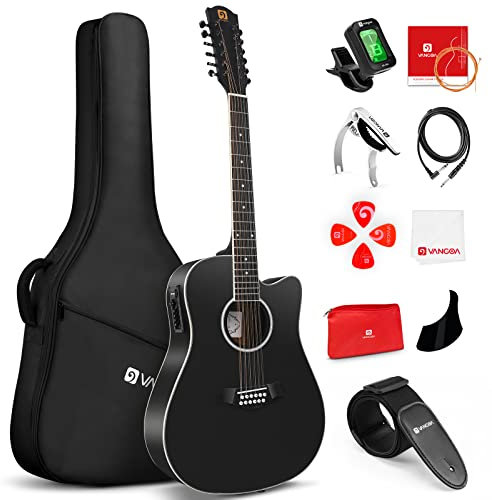 Vangoa Chitarra a 12 Corde Elettroacustico Dodici Corde Chitarra a Spalla Mancante con Equalizzatore a 4 Bande, Nero