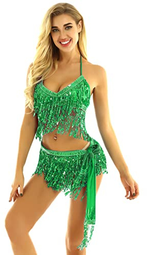 CHICTRY Magdans kostym damer tofs bh paljetter topp & fransar kjol bälte höftduk belly dans outfit karneval indisk danskläder grön en storlek