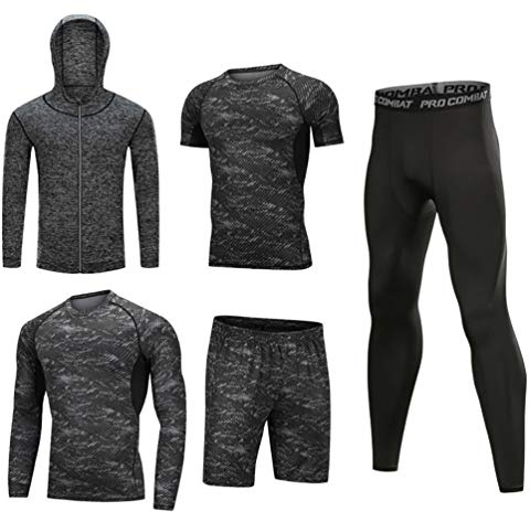 LucaSng Män 5 delar kompression funktionella underkläder sportkläder set, sportdräkt snabbtorkande jogging kläder tights löpkläder tröja gym träning löpning träningsoverall