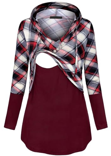 connche Quinee Maternity Tops, Long Sleeve V Neck Hooded Sweatshirts for Women Stylish Decent Fully Covered Nursing Shirt Easy to Use Ladies Winter Breastfeeding Clothes Red Beige Plaid L