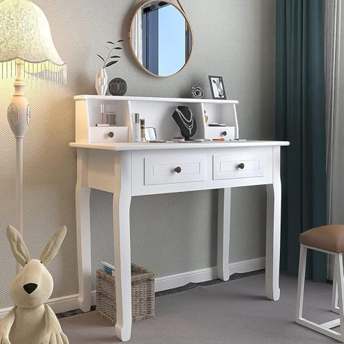 DMAITH Small White Writing Desk with Hutch – 32 Home Office Desk with Drawers | Compact Computer Desk, Vanity Makeup Table for Bedroom or Study Room