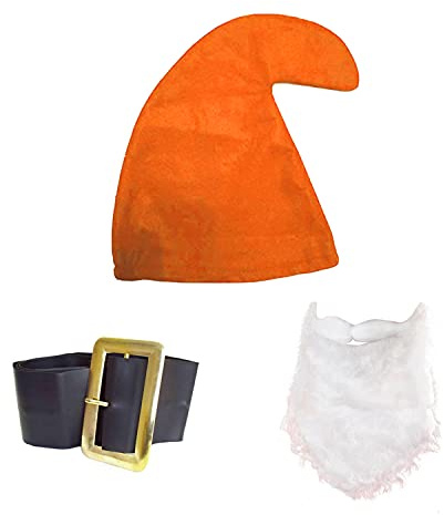 Schlumpf-Set mit sieben Zwergen, orangefarbener Hut, Bart und Gürtel, Gartenzwerg, Kostüm, Gartenzwerg