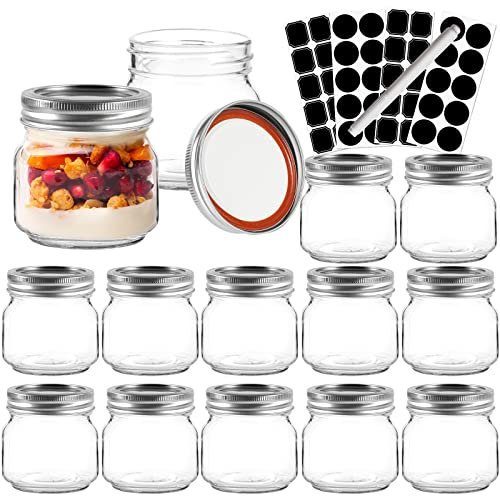8 oz Glass Mason Jars, 12 Pack 240 ml Canning Jars with Regular Mouth Lids, Glass Jars Storage Containers for Overnight Oats, Jam, Jelly, Honey, Beans, Spice, Wedding Party Favor, Shower Favors