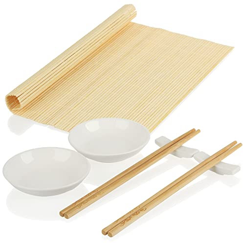 com-four® Set sushi 7 pezzi con bacchette, ciotola, tappetino e poggiabacchette - bellissimo servizio da portata - accessori da cucina - con ciotole per salse