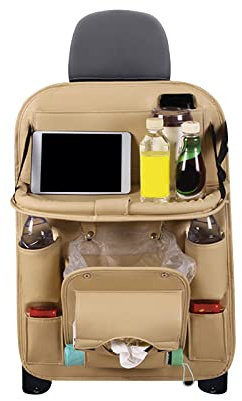 Ergocar Auto Rücksitz Organizer, PU-Leder Wasserabweisender Rücksitzschoner mit Klappbarem Esstisch und Müllsäcke, Autositz-Organizer mit Tablet/Telefon Aufbewahrung, Multifunktionale
