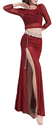 AAREHA Bauchtanz Sets Tänze Performance Rave Pailletten Party Kostüm für Frauen Oberteil+Lichtkleid+Taillenkette 3tlg (Color : Red, Size : XXL)