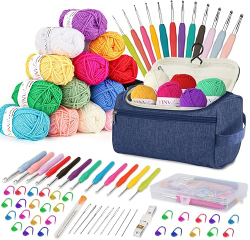 YINVA Häkelset für Anfänger 15Pcsx25g Häkelgarn Häkelnadel Set 2mm-8mm Ergonomische Häkelnadeln Crochet Set Stricken für Anfänger Set Tragbaren Tasche Strickzubehör(Blau)