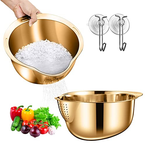 2 Stück Reis Waschschüssel aus Edelstahl, Sieb zum Waschen von Reis und Gemüse, Seiher Standseiher, Küche Sieb integrierter Sieb für Reis, Gemüse Obst, mit Stabilen Klebehaken (Gold)