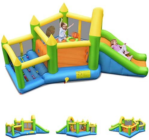 GOPLUS Castillo Hinchable Hexágono con Tobogán y Cesta de Baloncesto, Parque Inflable con Piscina de Bolas y Zona de Salto, Interior/Exterior, para 3 Niños de 3 a 10 Años, 135 kg, sin Soplador