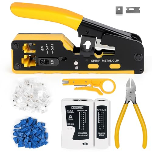 Wakhow Kit de herramientas de crimpado RJ45, crimpadora de paso Ethernet, kit de reparación de herramientas de crimpado de red Cat5 Cat6 Cat7 incluye probador de cables, mini pelacables, cuchillas, 50