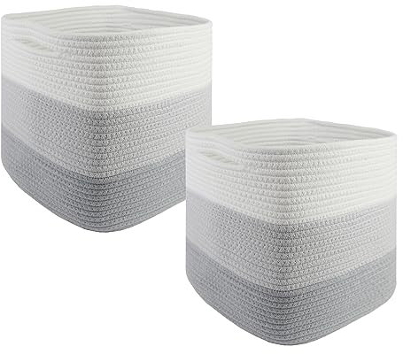 Cesta de almacenamiento, 28 x 28 x 28 cm, cestas cuadradas trenzadas de cuerda de algodón, pequeñas cestas trenzadas para clasificar, para habitación de los niños, oficinas, decorativas. (Juego de 2,