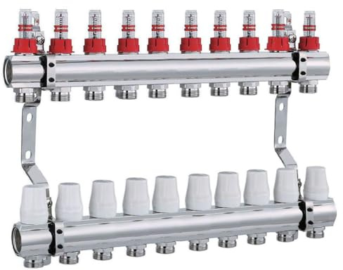 AQUA HEATING Heizkreisverteiler, 10 Heizkreise, 1 Zoll, Messing, 10 Bar | Bodenheizung-Verteiler für Fußbodenheizung, 10 Bar, Messing vernickelt, Heizungsinstallation