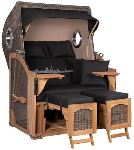 MR. DEKO® Strandkorb Düne Teak Bullauge | PE Geflecht Grey | Volllieger verstellbar | Fußablage | 2-Sitzer Strandkörbe aus Teakholz für Garten & Terrasse, fertig montiert (Dessin Skyline München)