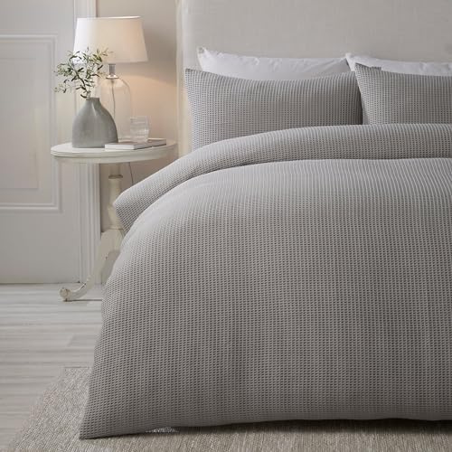Lindly Serene - Silver Waffle Duvet Cover, Super King Bedding Size, Soft Touch, Grid Pattern, 260 x 220cm