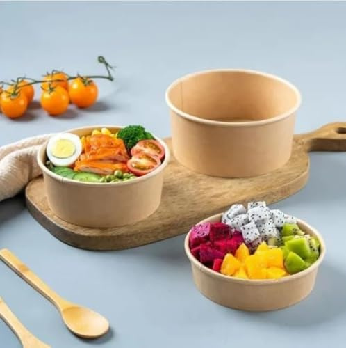 HOT BARGAINS Kraft Paper Salad Bowls, 18oz/500ml, Disposable Food Containers for Street Food, Pack of 50