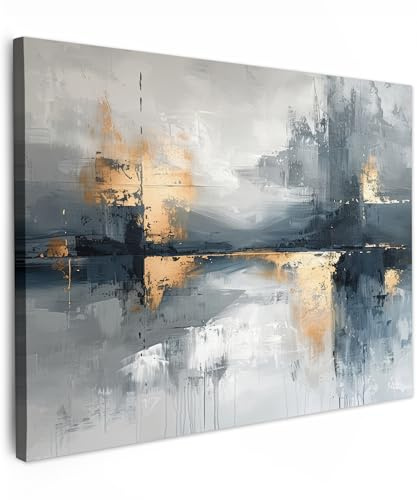 MuchoWow© Leinwandbilder Wall Art Decoration Bilder für die Wand | 80x60 cm - Schlafzimmer Deko Canvas Painting Wanddekoration Wohnzimmer Kunst - Grau - Gold - Abstrakt