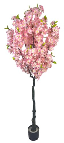 PURZEN Cherry Blossom Trees Artificial (5FT Tall/1.5M), Pink Fake Flower with Leaves, Cherry Blossom Tree Decor for Indoor Outdoor Home Office,120CM