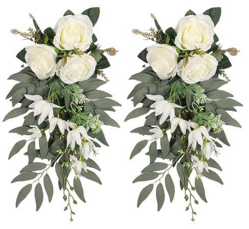 Plcnn 2Pcs Wedding Chair Back Flower, Wedding Artificial Rose Flowers Swag, Wedding Aisle Decorations, Outdoor Bench Pew Decorations for Wedding Ceremony Decorations(White)(White)