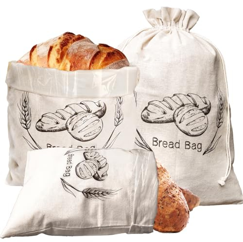 3 Pack Bread Bags for Homemade Bread - 49cm x 35cm Plastic Lined - Keep Bread Fresh