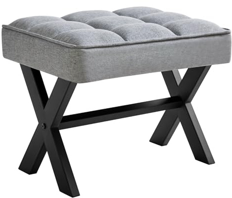 IBUYKE Liten 30,48 cm H fotstödspall, fyrkantig fotpall i linne med X-ben, flera användningsområden som litet sidobord, stegpall för vardagsrum, sovrum, entré, kontor, blå grå WBD011L