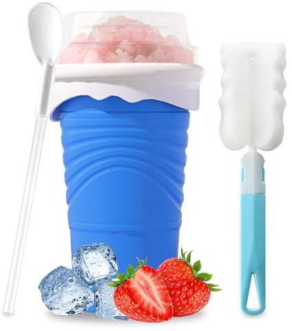 Herbst Slushy Maker Becher 500ml Silikon Squeeze Cup Eis Becher DIY Ice Cup | mit Strohhalmlöffel SlushSlushy Maker Cup Smoothie Becher mit Reinigungsbürste (Blau)