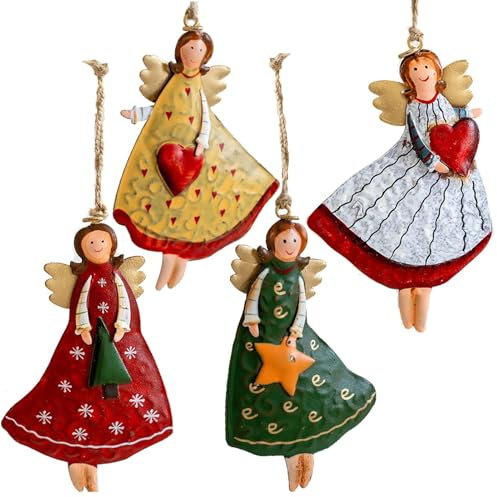 HERZONE 4pcs Metall Engel Anhänger Weihnachtsbaumanhänger Weihnachten Engel Anhänger aus Metall (bunt Engel)