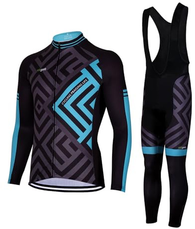 Meicynhoger Höst vinter cykelkläder för män och kvinnor, cykling MTB långärmad tröja och bodysuit 3D vadderade byxor, Blå, L