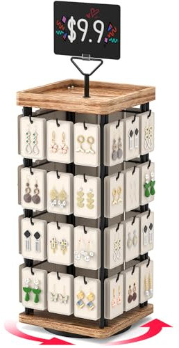 THYGIFTREE Rotating Earring Display for Vendors, Jewelry Display Stand for Selling, Necklace Display Stands Earring Cards for Selling Bracelets, Jewelry Towers (Natural Wood)