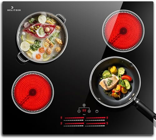 DELITEER Ceramic Hob 60cm, Electric Hobs 4 Burners 6000W, Built-in Electric Ceramic Hob With Slider Touch Control,9 Power Levels, Child Lock, Timer, for All Pots, Hard Wired, No Plug Included