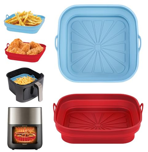Alyvisun Moule Silicone Air Fryer, 2 Pièces Panier Moule pour Friteuse à Air Chaud Réutilisable Airfryer Pot Plat Carré Pliable Doublure Liner pour Friteuse Air, Micro-ondes, Four(Rouge+Bleu Ciel)