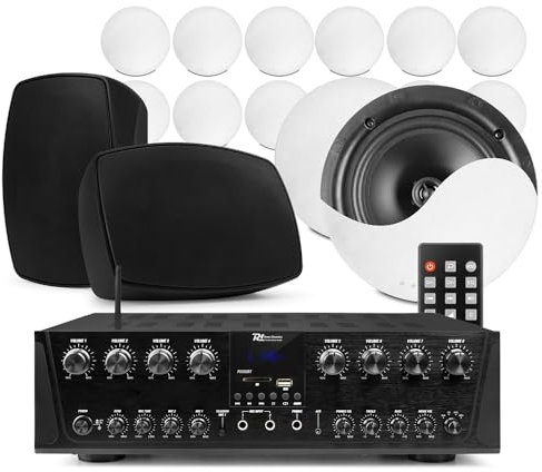 Power Dynamics 8-Zone NCSS8 Multiroom Speaker System - Home Ceiling Speaker System with 14 White 8 Ceiling Speakers & Black Outdoor Garden Speakers, Bluetooth Amplifier, IPX5 Rated