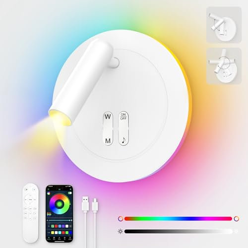 RGBIC Leselampe Bett - 8W Leselampe Wandmontage Bettlampe mit Fernbedienung - LED Wandleuchte Leselicht 350°/90° Schwenkbar Verstellbarer Strahler mit Schalter und Kabel Für Wohnzimmer Schlafzimmer