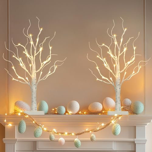 Vanthylit Birch Tree with Led Lights, White Christmas Decorations Indoor with Timer, Lighted Mini Small Artificial Lamp Prelit Twig Tree Battery Operated for Table Centerpiece Home Decor 2Pack