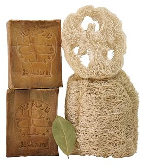 Kanaan Aleppo Seife Original 2x 200g mit Luffa – 25% Lorbeeröl & 75% Olivenöl Naturseife, Männer Haarseife & Duschseife, Antibakterielle Grüne Seife, Biologisch Abbaubare Bio Olivenseife