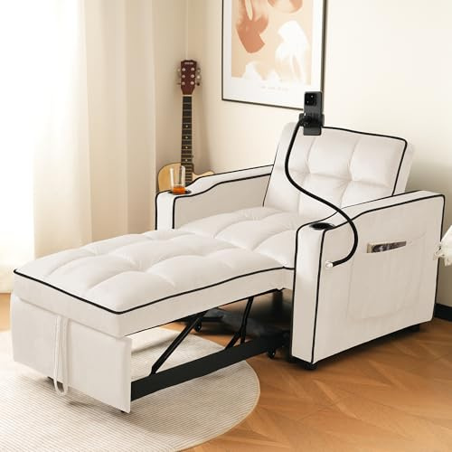 KecDuey Schlafsofa,3-in-1 Ausziehbares Einzel-Polstersofa, Mit Getränkehaltern und Handyhalter, Sofa-Liegestuhl, Schlafstuhl, Sessel, perfekt für kleine Räume (Beige)